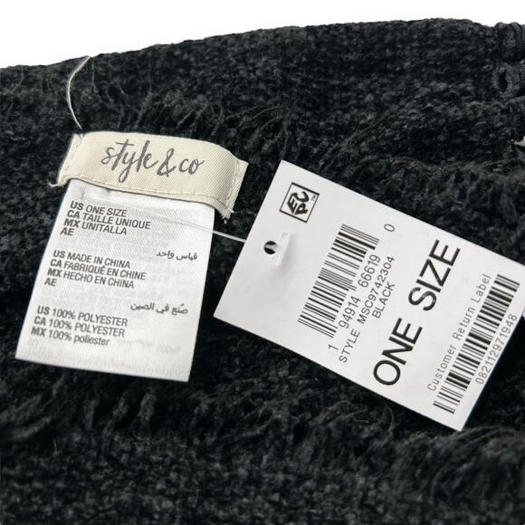 NEW Style & Co Black Chenille Scarf with Fringe Trim Oblong Winter Plaid Neutral - Picture 15 of 16